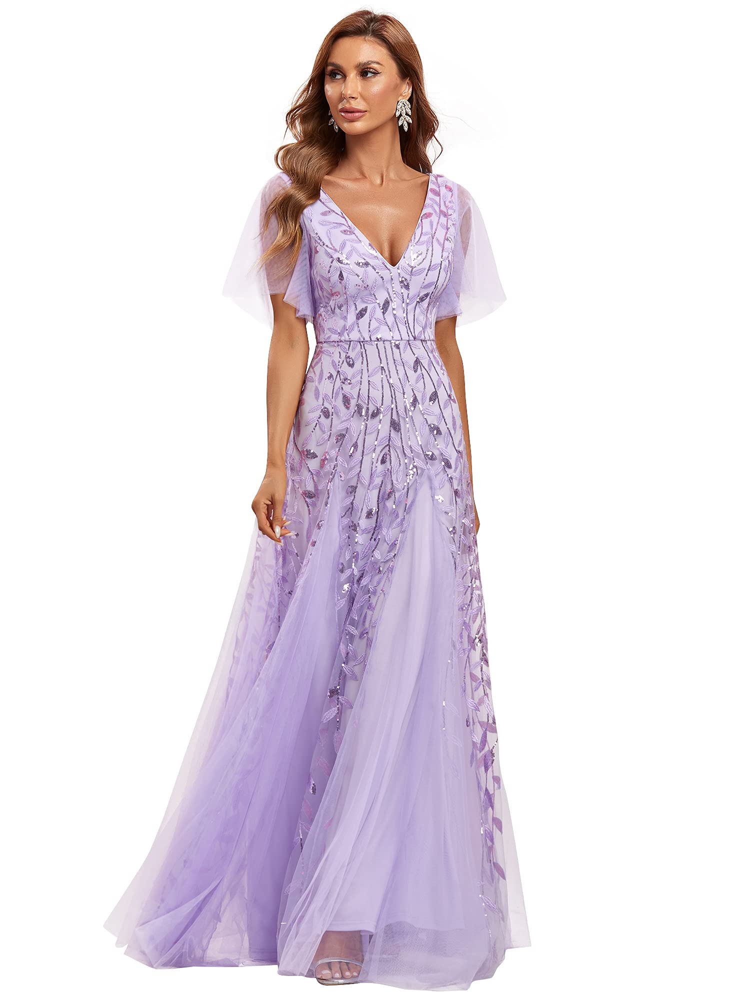 Ever-Pretty Women's Sequin Embroidery V-Neck Short Sleeve Maxi Evening Dress Prom Gowns 0734-USA