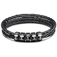 MeMeDIY Personalized Bracelets Engraving 2～6 Names Customized Identification ID for Women Men Genuine Leather Stainless Steel Beads Braided Cuff Bridesmaid Gifts Best Friend