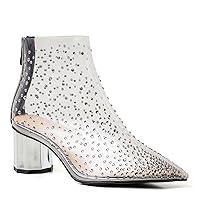 MOOMMO Women Clear Mid Chunky Heel Ankle Boots Pointed toe Rhinestone Metal Block Heel PVC Transparent Booties Zipper Closed Toe Summer Dress Boots Fashion Party Wedding Dating 4-9.5 M US