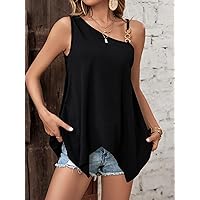 Women's Tops Sexy Tops for Women Women's Shirts Chain Detail Asymmetrical Neck Top (Color : Black, Size : Large)