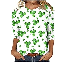 St Patricks Day Shirt Women 3/4 Sleeve Green Clover T-Shirt Round Neck Shamrock Print Holiday Tee Loose Fit Tunic Tops