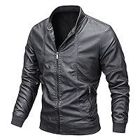 Men Stand Collar Leather Jacket Lightweight Faux Leather Motorcycle Jackets Casual Slim Zip Up Bomber Biker Coat