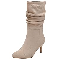 Women Mid Calf Slouch Boots Faux Suede Kitten Heel Pointed Toe Pull on High Heel Fashion Dress Boots