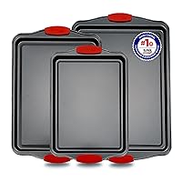 Baking Pan Set – 3 Piece Cookie Sheet – Deluxe Black Non-Stick Carbon Steel – Silicone Handles – Commercial Grade Restaurant Quality – PFOA PFOS and PTFE Free by Bakken