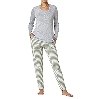 HUE Women's Textured Rib Henley Long Sleeve Tee and Jogger Pant 2 Piece Pajama Set
