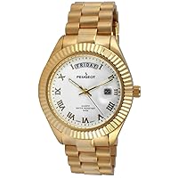 Peugeot 14K All Gold Plated Big Face Luxury Watch with Day Date Windows, Roman Numerals & Coin Edge Fluted Bezel Watch
