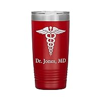 Personalized MD Tumbler With Name - Doctor Gift - 20oz Insulated Engraved Stainless Steel MD Cup Red