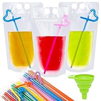 Ouddy 50 Pcs Drink Pouches, Juice Pouches for Adults, Reusable, Reclosable Zipper Smoothie Bags for Cold & Hot Drinks with 50 Straws & Silicone Funnel
