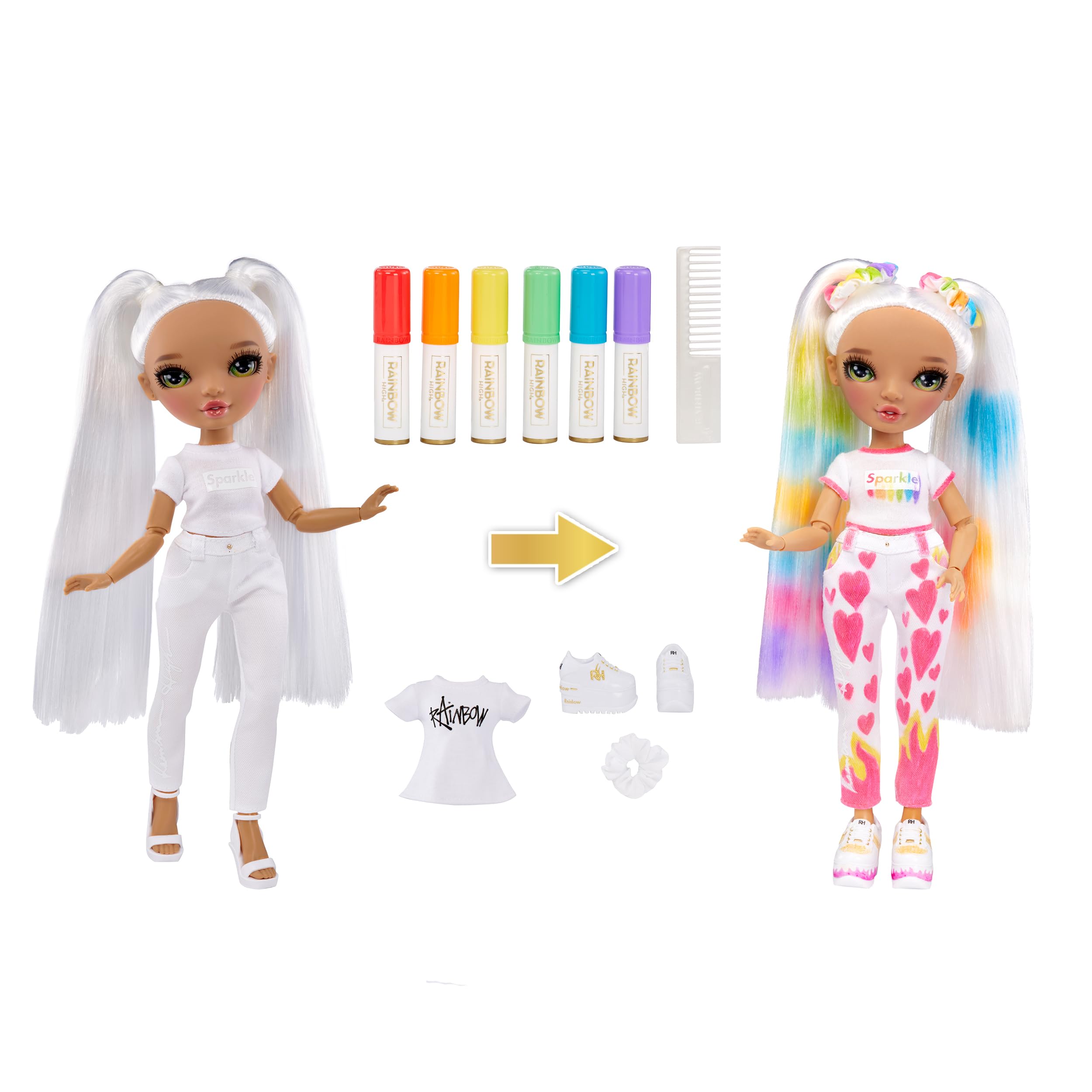Rainbow High Color & Create Fashion DIY Doll with Green Eyes, Straight Hair in 2 Pig Tails, Bonus Top & Shoes, Washable Rainbow Markers. Color, Create, Play, Rinse and Repeat. Creative 4-12+