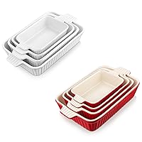 MALACASA Casserole Dishes for Oven, Porcelain Baking Dishes, Ceramic Bakeware Sets of 4, Rectangular Lasagna Pans Deep with Handles for Baking Cake Kitchen, White with Red, Series BAKE.BAKE