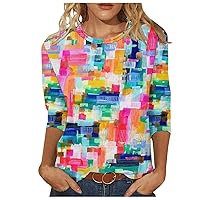 Plus Size 3/4 Sleeve Blouses for Women Dressy Casual Tshirts Crew Neck Tunic Tops Summer Marble Printed Tees Workout Clothe