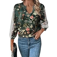 3/4 Length Sleeve Womens Tops Casual Loose Fit V-Neck T Shirts Cute Print Lace Summer Workout Shirts for Women
