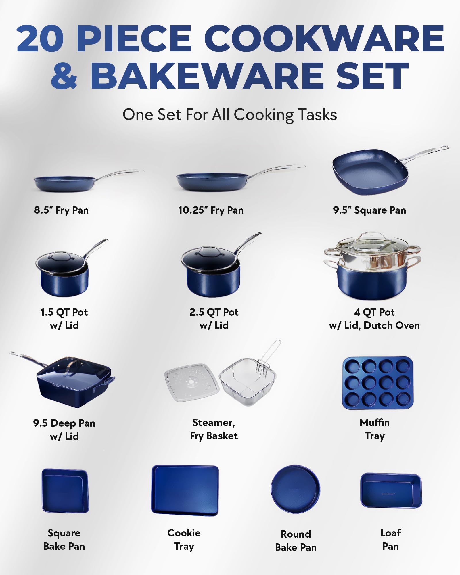 Granitestone Blue 20 Pc Pots and Pans Set Nonstick Clearance, Complete Kitchen Cookware Set with Non Stick Pots and Pans Set with Lids + Bakeware for Cooking, Oven/Dishwasher Safe, 100% Non Toxic
