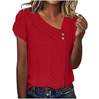 Women's Petal Short Sleeve Blouses Solid Color Button Asymmetrical Neck Shirts Cute Eyelet Tops Fashion Classic Tees