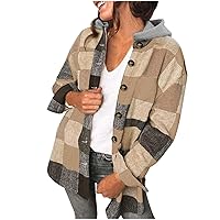 Womens Fall Fashion Plaid Shacket Jacket with Hood Casual Wool Blend Button Down Long Sleeve Hooded Jackets Coat