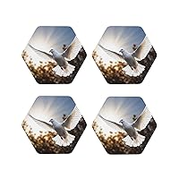 White Dove Flying in The Sun Leather Coasters Set of 4 Waterproof Heat-Resistant Drink Coasters Hexagon Cup Mat for Living Room Kitchen Bar Coffee Decor