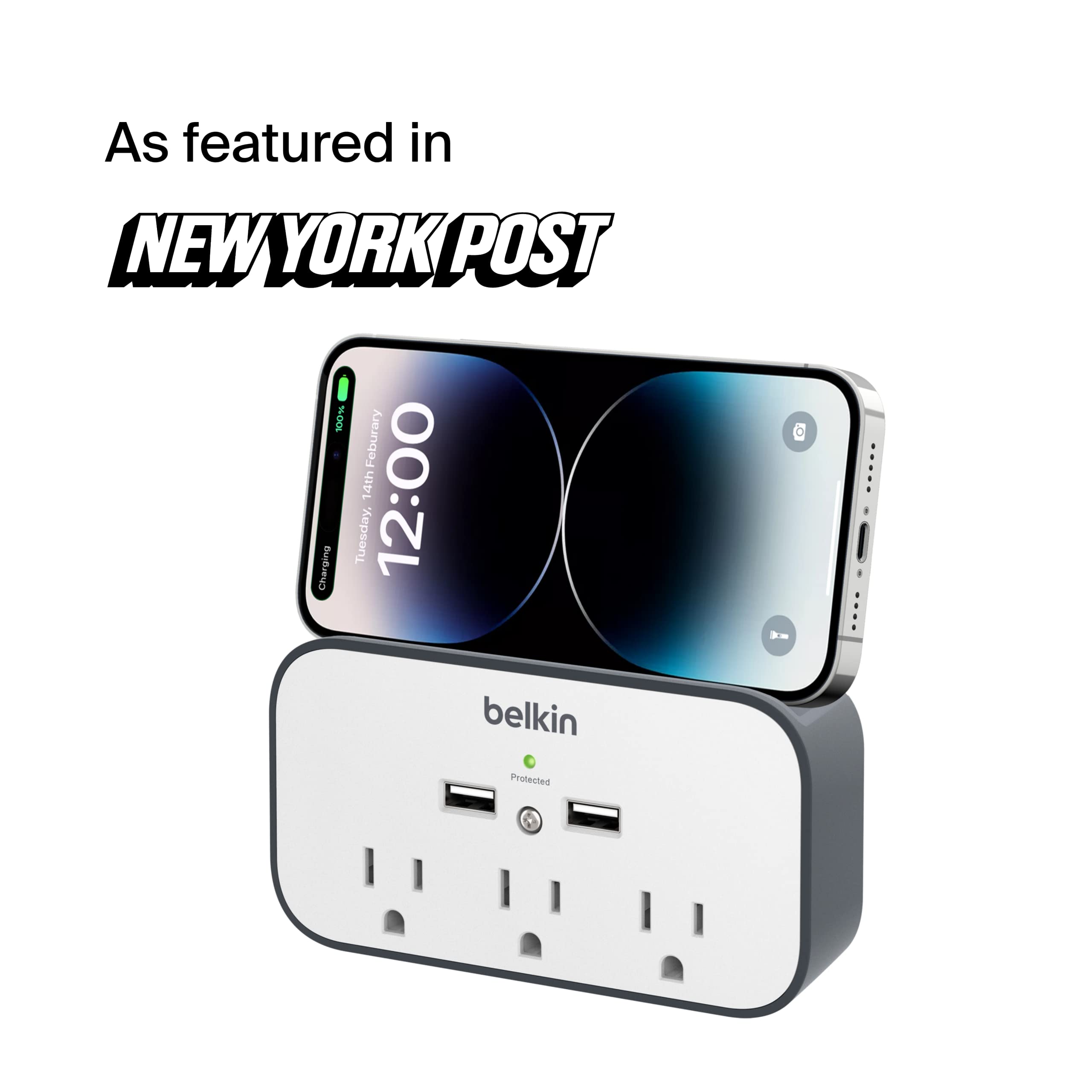 Belkin Wall Surge Protector - 3 Outlet Surge Protector w/ 2 USB Ports - Wall Mount Surge Protector with Premium Protection Against Surges - Safe Charge for Mobile Devices, Tablets & More (540 Joules)