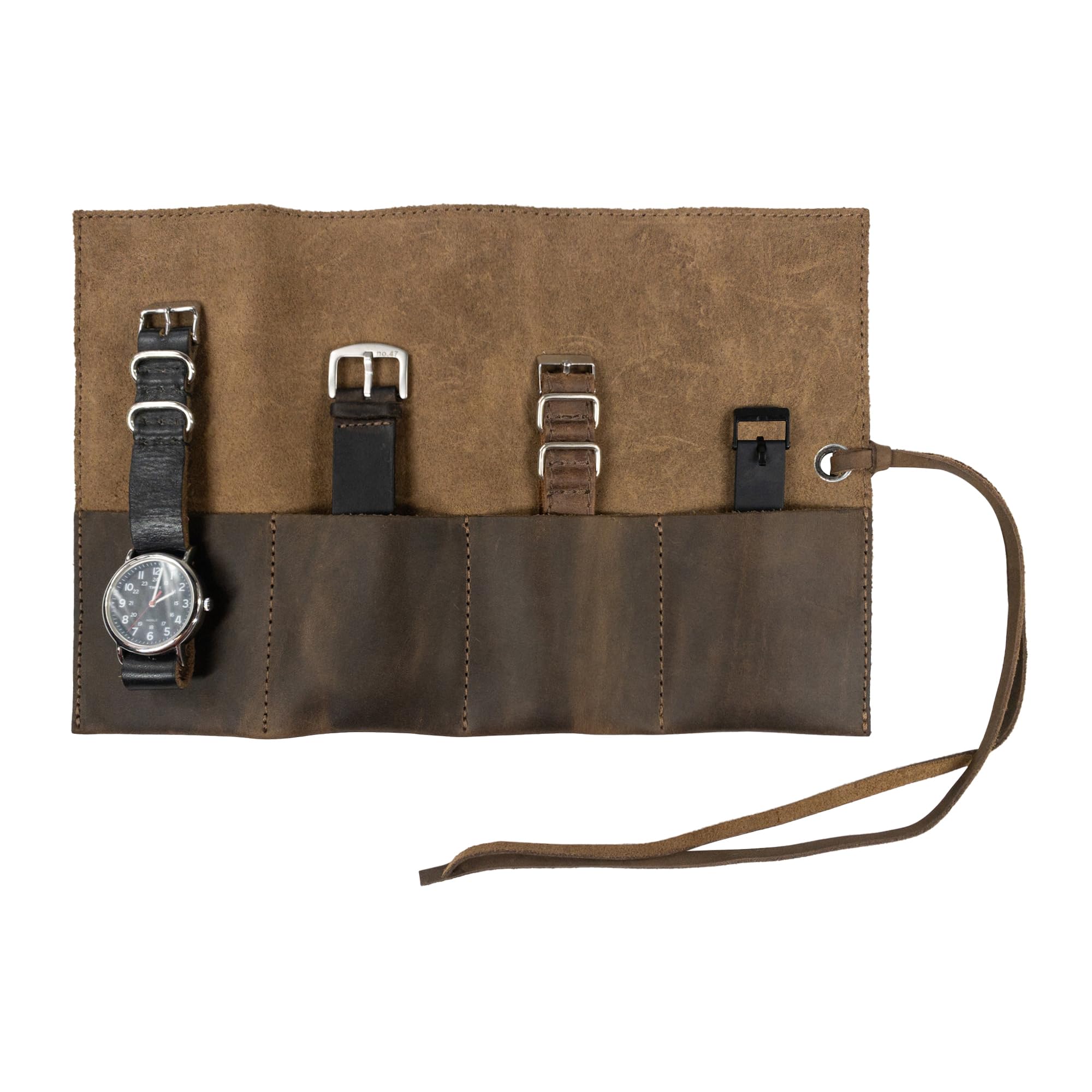 Hide & Drink, Leather Watch Roll Organizer Handmade from Full Grain Leather, Holds Up to 4 Watches, Easy Carry On Watchlover Storage (Bourbon Brown)