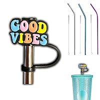 Good Vibe Straw Pencil Tip Toppers With Free Reusable Metal Straws & Brush, Silicone Cover Plug Tips Made For Starbucks Stanley Tumbler Cup Friends Gift Dust Spill Proof Protector Charms 8mm (Vibes)