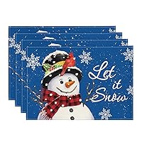Artoid Mode Blue Snowman Let It Snow Winter Placemats Set of 4, 12x18 Inch Seasonal Christmas Holiday Table Mats for Party Kitchen Dining Decoration