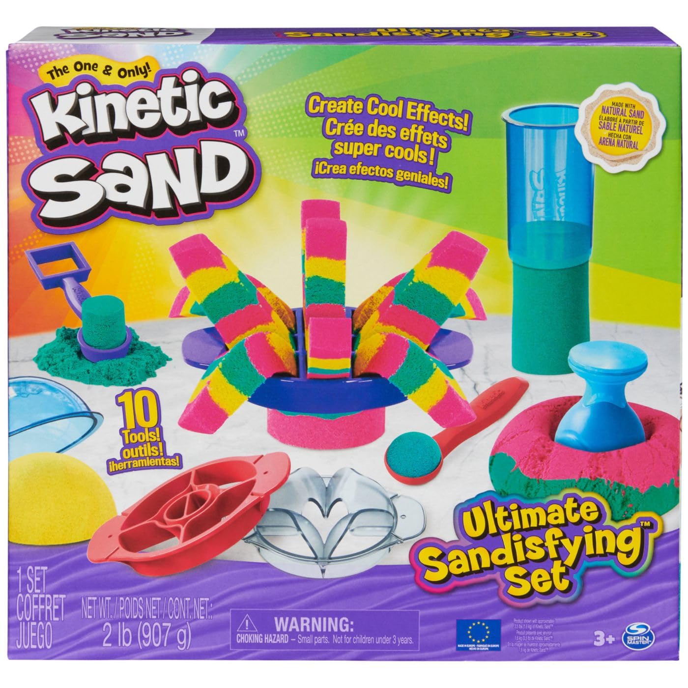 Kinetic Sand Ultimate Sandisfying Set, 2lb of Pink, Yellow and Teal Play Sand, 10 Molds and Tools, Sensory Toys for Kids Ages 7+