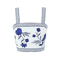 Women's Floral Embroidery Wide Strap Boho Crop Tops Square Neck Sleeveless Summer Cami Shots