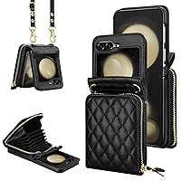 Vofolen Case for Samsung Galaxy Z Flip 5 with Card Holder, Crossbody 8-Card Slots Wallet Case with Adjustable Strap Soft PU Leather Protective Zipper for Women Girls, Black