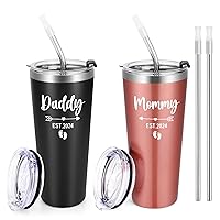 Gifts for New Parents, Daddy & Mommy Est 2024 22 Oz Tumbler Set, Pregnancy Gifts, Mom and Dad Gifts for Christmas Mother's Day Father's Day, Insulated Tumbler with Lid Black & Rose Gold