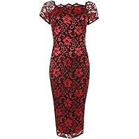 Women's Floral Lace Lined Scallop Neck Short Sleeve Midi Dress