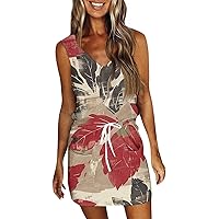 Sundresses for Women 2024 Summer Casual Loose Sling V Neck Mini Dress Trendy Floral Drawstring T Shirt Dress with Pockets
