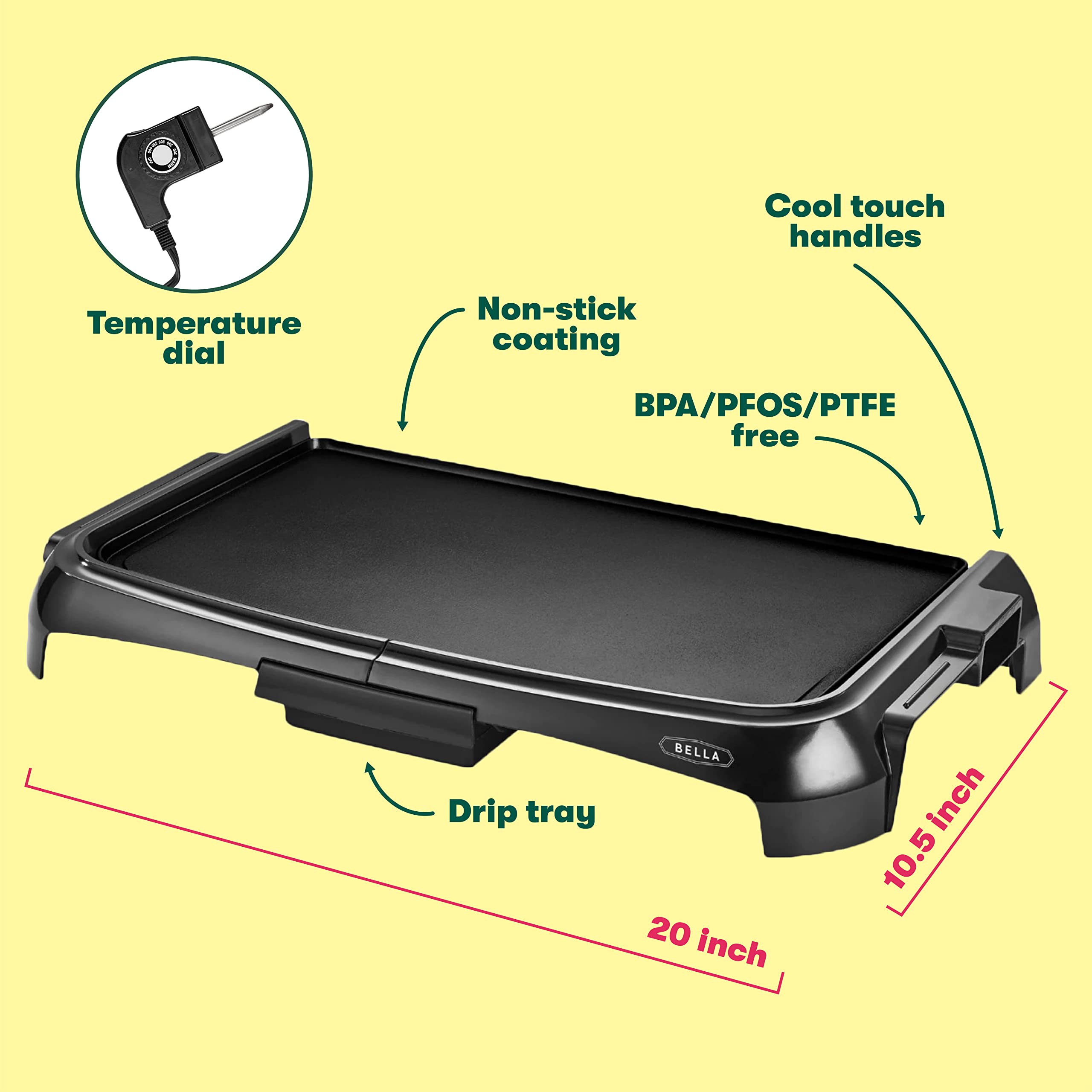 BELLA Electric Griddle & Flat Grill with Nonstick Large Cooking Surface and Removable Probe for Eggs, Tortillas, Pancake and more, 10.5