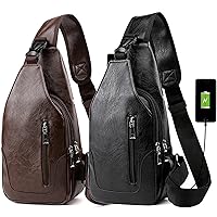 Peicees Pack of 2 Leather Sling Bag Mens Crossbody Bag Chest Bag Sling Backpack for Men with USB Charge Port, Verticalzipper/Dark Brown&Black
