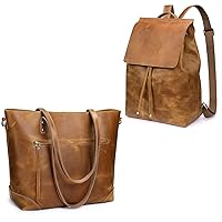 S-ZONE Women Genuine Leather Tote Bag Shoulder Handbag Bundle with Backpack Purse
