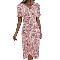 V Neck Button Summer Dress Bubble Sleeve Irregular H Causal Dress Vintage Print Loose Comfy Dresses for Small Women