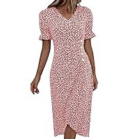 Womens Summer Dress 2024 Floral Long Midi Dress V Neck Puff Short Sleeve Ruffle Swing Dresses A Line Boho Dress