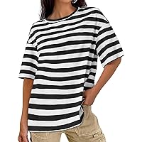 MEROKEETY Women's 2024 Summer Half Sleeve Striped T Shirts Casual Crew Neck Oversized Tee Tops