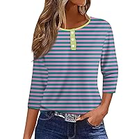 Women Henley Neck Striped T Shirts 3/4 Sleeves Tops Dressy Casual Button Down Crewneck Tee Trendy Summer Blouse