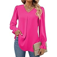 Funlingo Women's 2024 Long Sleeve Tops Dressy Casual V Neck Tunic Shirts Loose Chiffon Work Blouse