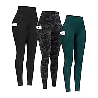 PHISOCKAT 3 Pack High Waist Yoga Pants with Pockets, Tummy Control Leggings, Workout 4 Way Stretch Yoga Leggings