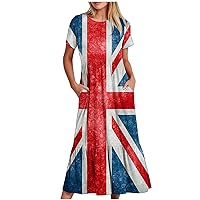 Summer British Flag Long Dress Women's Short Sleeve Crewneck A-Line Dresses Casual Ruffle Beach Dress with Pockets