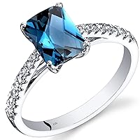 PEORA London Blue Topaz with White Topaz Venetian Solitaire Ring for Women 14K White Gold, Genuine Gemstone Birthstone, 1.75 Carats Radiant Cut 8x6mm, Sizes 5 to 9