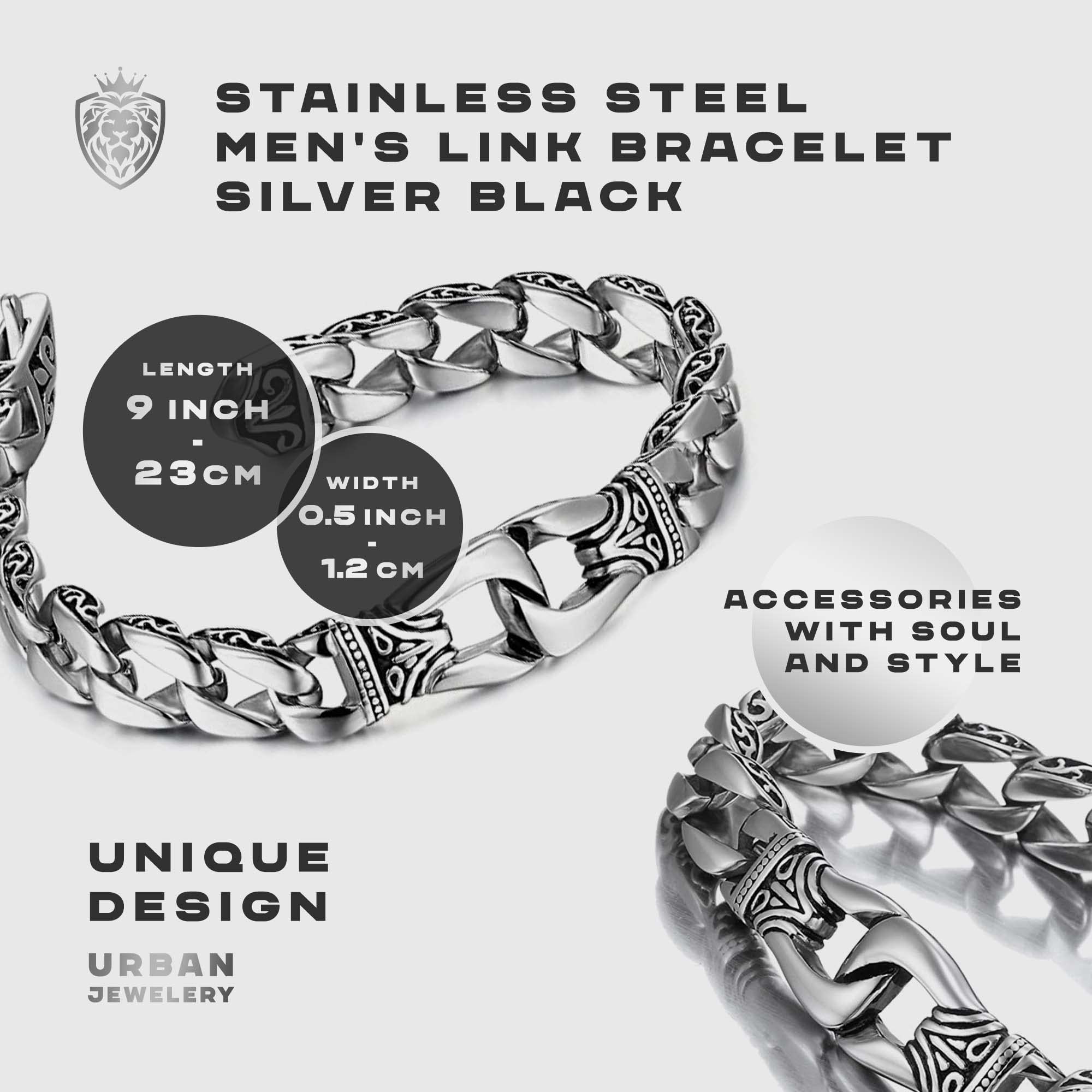 URBAN JEWELRY Amazing Stainless Steel Men's link Bracelet Silver Black 9 Inch with Necklace Option 21 inch (With Branded Gift Box)