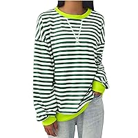 Womens Striped Oversized Sweatshirt Classic Crewneck Long Sleeve Pullover Tops Casual Color Block Loose Shirts Y2K Clothes