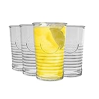 Bormioli Rocco Officina Water Glasses – Set Of 4 Clear Drinking Tumblers With Textured Ring Design & Vintage Stamp Logo – 11oz High Capacity Tall Cups For Soda, Juice, Milk, Coke, Beer, Spirits
