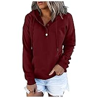 Womens Fashion Basic Sweatshirt Drawstring Button Down Hoodies Casual Long Sleeves Pocket Pullover Tops For Woman
