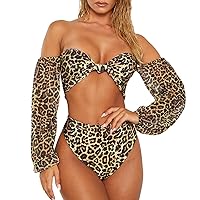 Women Leopard Off Shoulder Sexy Swimsuits 2 Piece Print Padded Bikini Set Long Sleeve Crop Top Thong Bathing Suit
