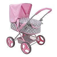 509 Crew: Cotton Candy Pink: Doll Pram - Pink, Grey, Polka Dot - for Dolls Up to 18'', Foldable, Removable Bassinet, Shopping Basket, Kids, Ages 3+