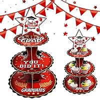 Graduation Cupcake Stand, 3 Tier Round Cardboard Cake Stand Tower, Class of 2024 Red Dessert Stand Holder, Graduation Cupcake Serving Tray, Congrats Grad Graduation Party Supplies Decoration
