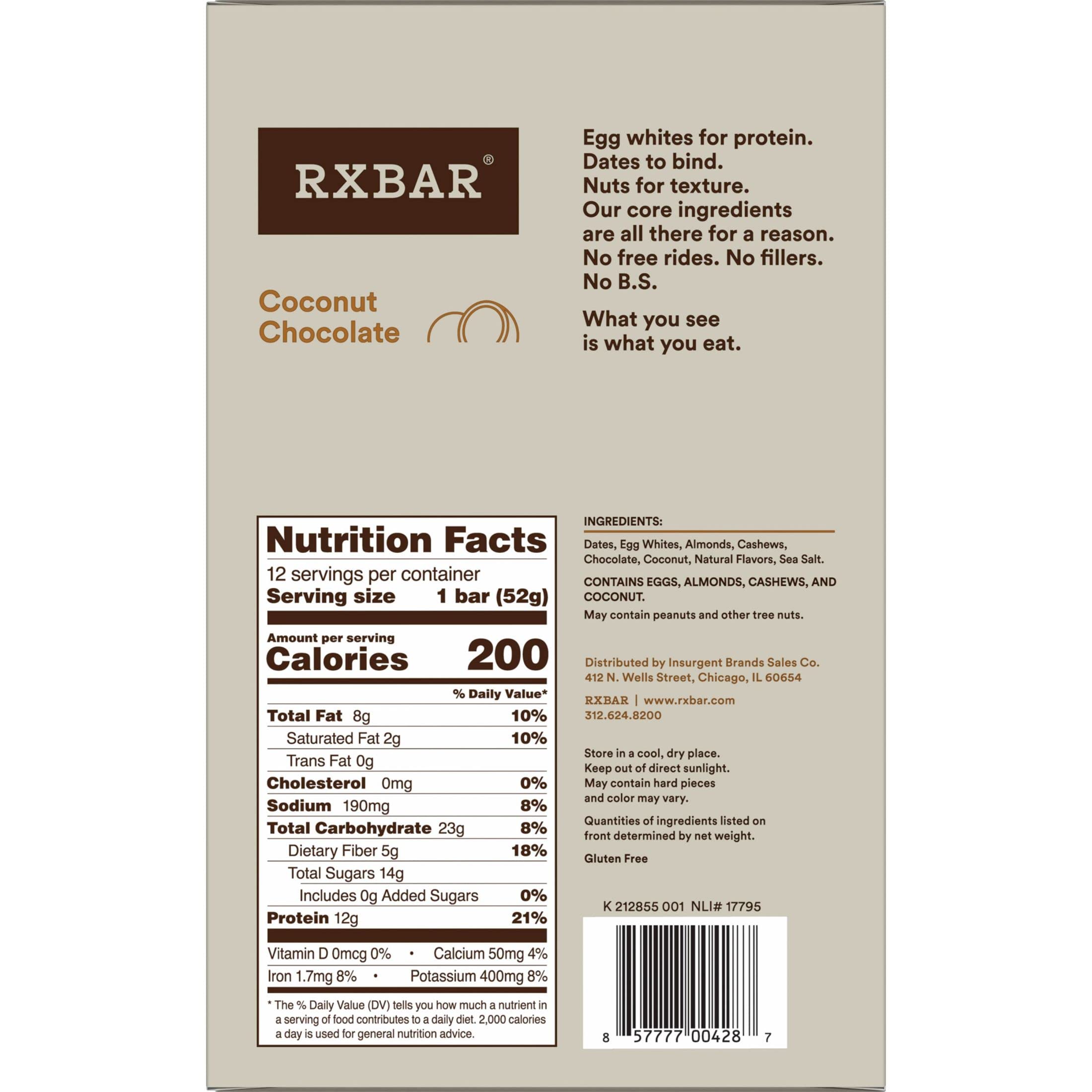RXBAR Protein Bars, Protein Snack, Snack Bars, Coconut Chocolate, 22oz Box (12 Bars)
