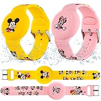2 Pack Waterproof AirTag Bracelet for Kids, Cute Cartoon Design Silicone Air tag Holder, Full Coverage Anti-Lost Accessories Compatible with Apple AirTag Hidden for Children (Yellow & Pink)